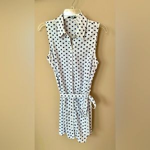 New White Sleeveless Collar Dress With Blue Hearts & Tie Belt